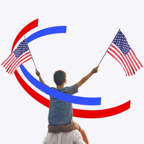 America Waves - Young boy holding American flags