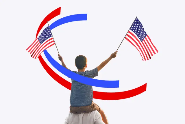 America Waves - Young boy holding American flags