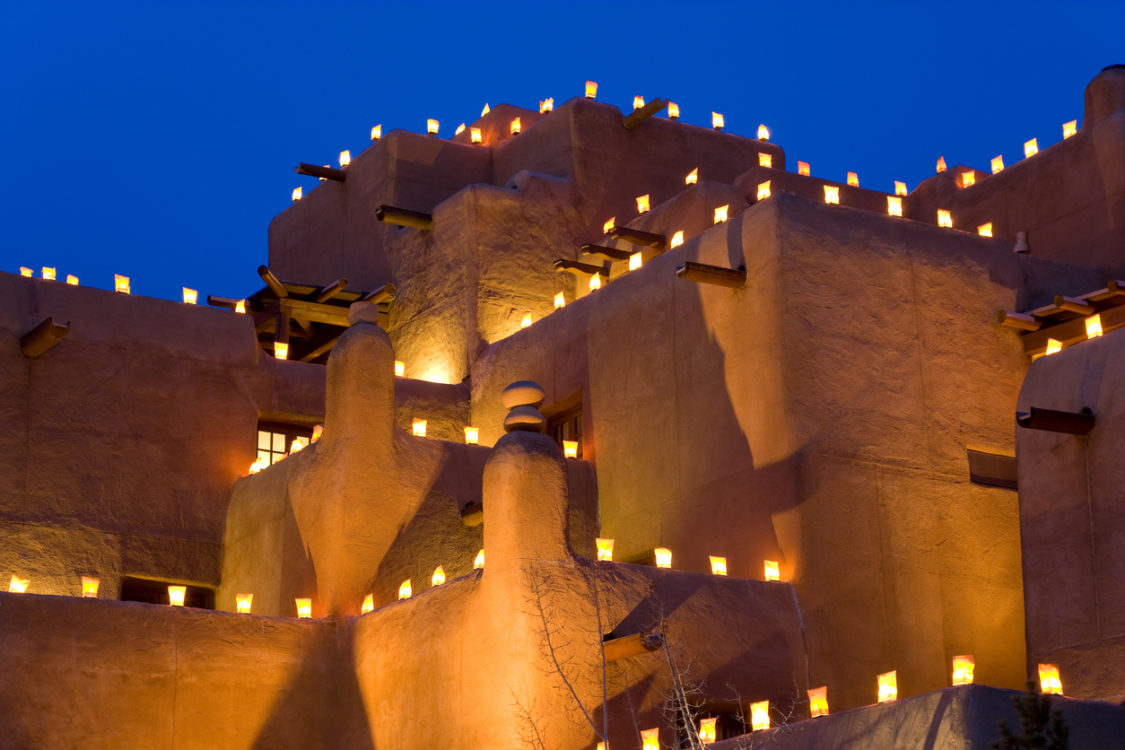 Lanterns lighting traditional adobe building